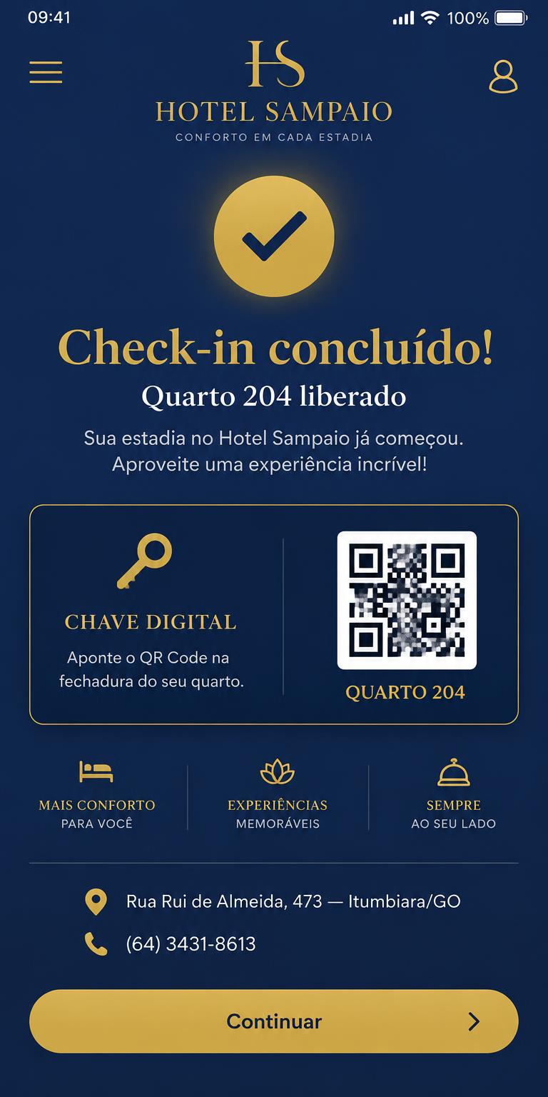 Chave digital do quarto no aplicativo Hotel Sampaio